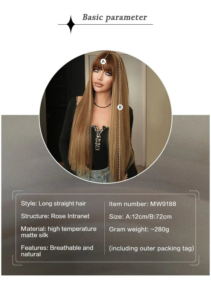 28 Inch Natural Black Wig with Bangs Extra Long Straight Wig for Women. This wig is natural-looking and comes in black-brown synthetic material.