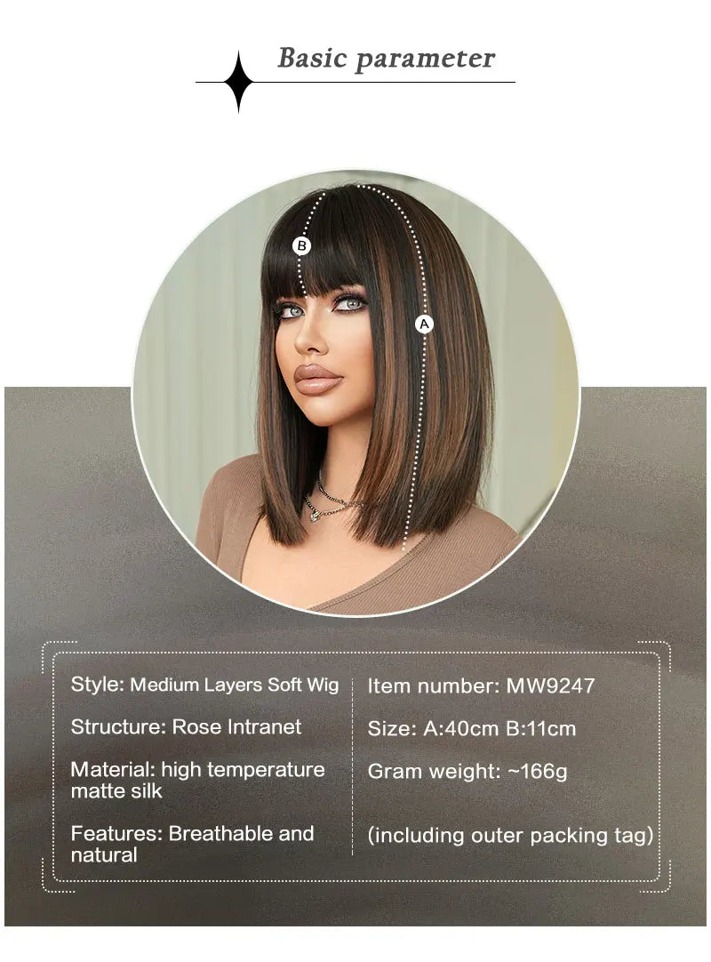 16-inch Black Brown Shoulder-Length Straight Synthetic Heat-Resistant Wig for Women with Natural Hairline Matte Hair Wig
