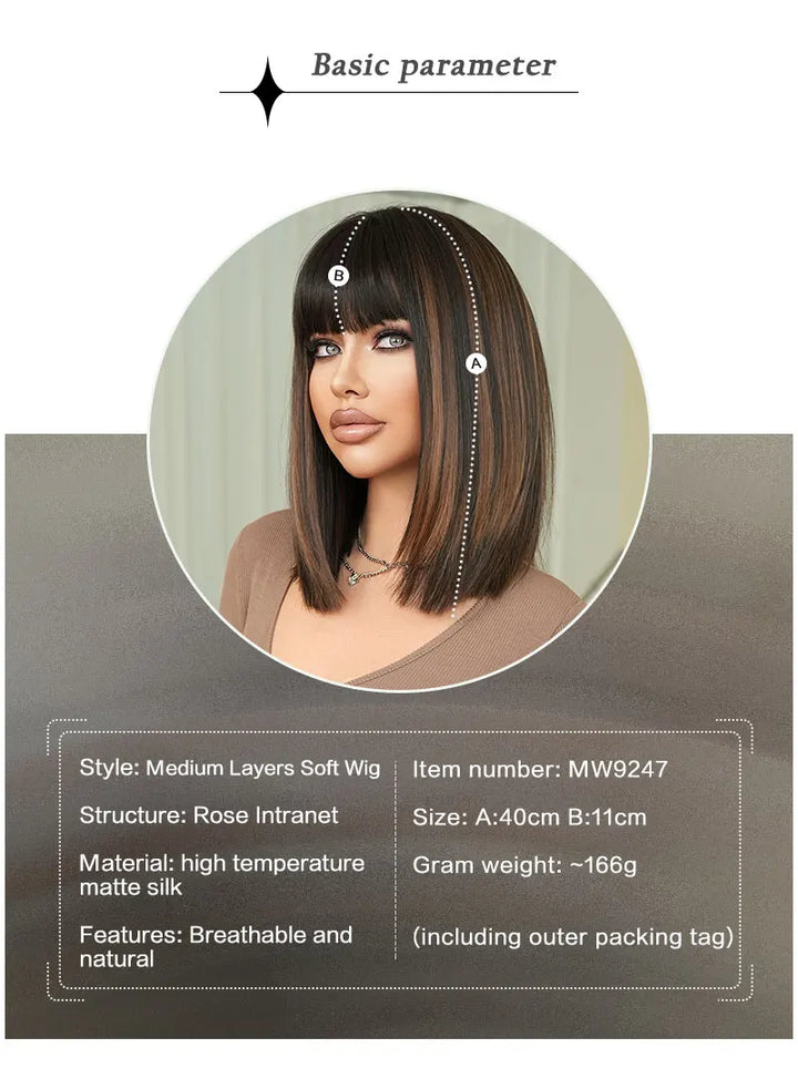 16-inch Black Brown Shoulder-Length Straight Synthetic Heat-Resistant Wig for Women with Natural Hairline Matte Hair Wig