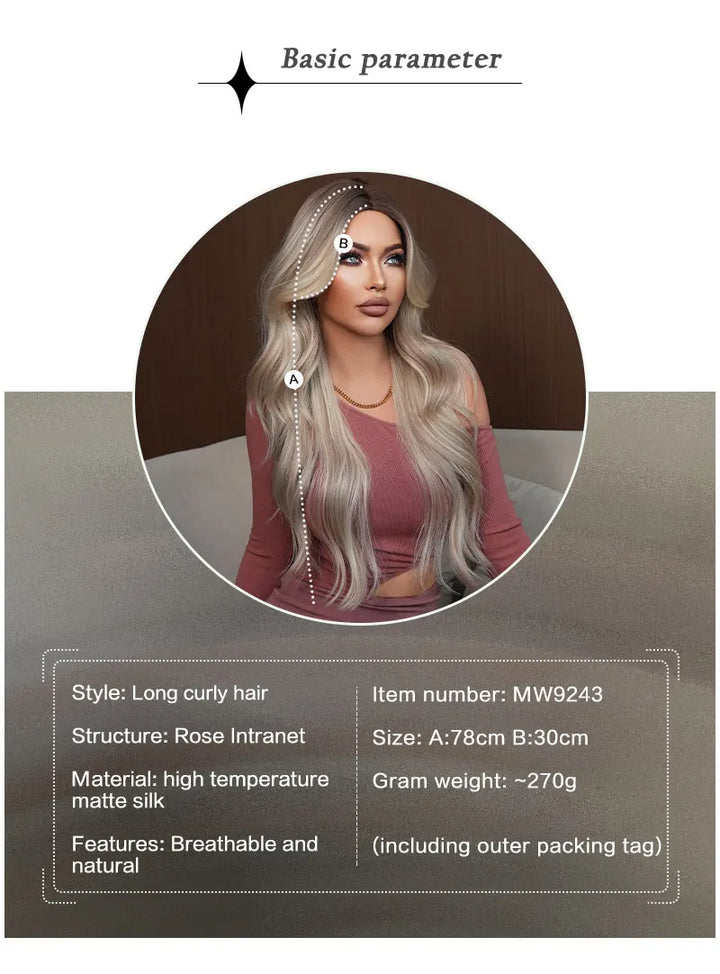 30-Inch Ombre Platinum Blonde Long Curls Synthetic Heat-Resistant Wig for Women Natural Hair Slit Matte White Hair Wigs Peluca#