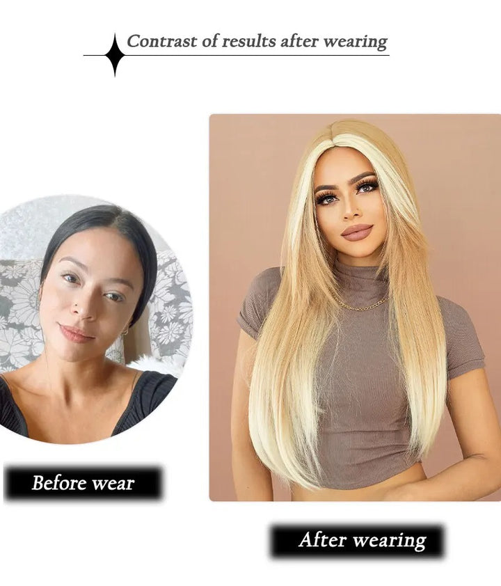 Synthetic hair wig with long straight hair, bangs, middle part, and highlight gray color. Perfect for women, cosplay, and drag queens.
