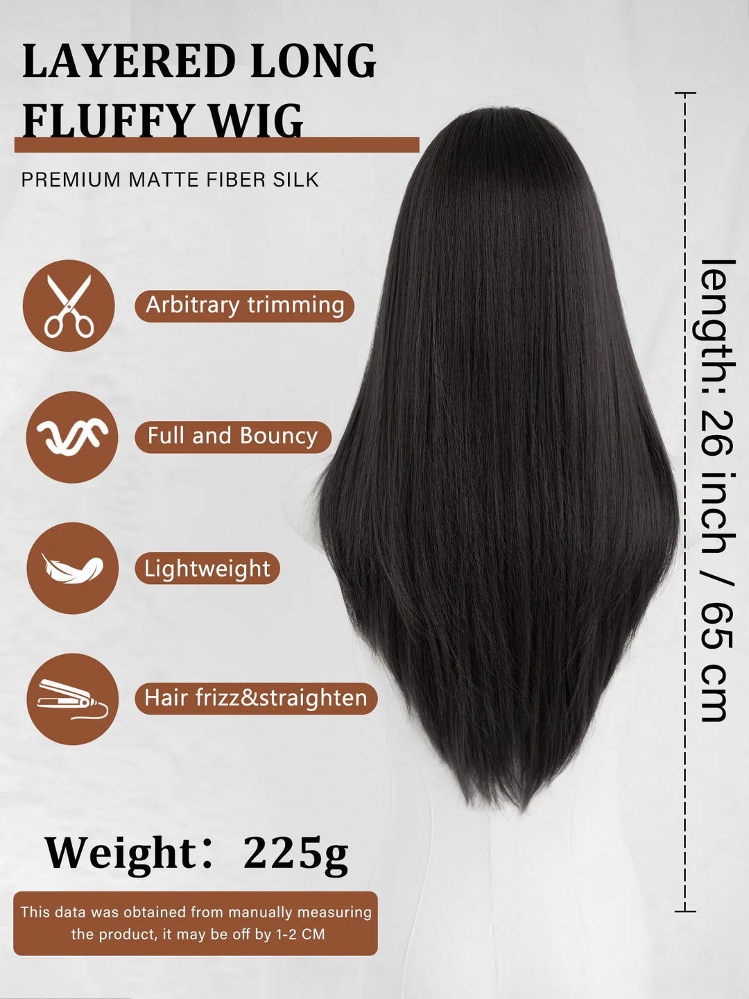 Monotop U Lace Long Straight Layered Wig for Women 26 Inches Heat Resistant Synthetic Black Wig with Natural Hairline.