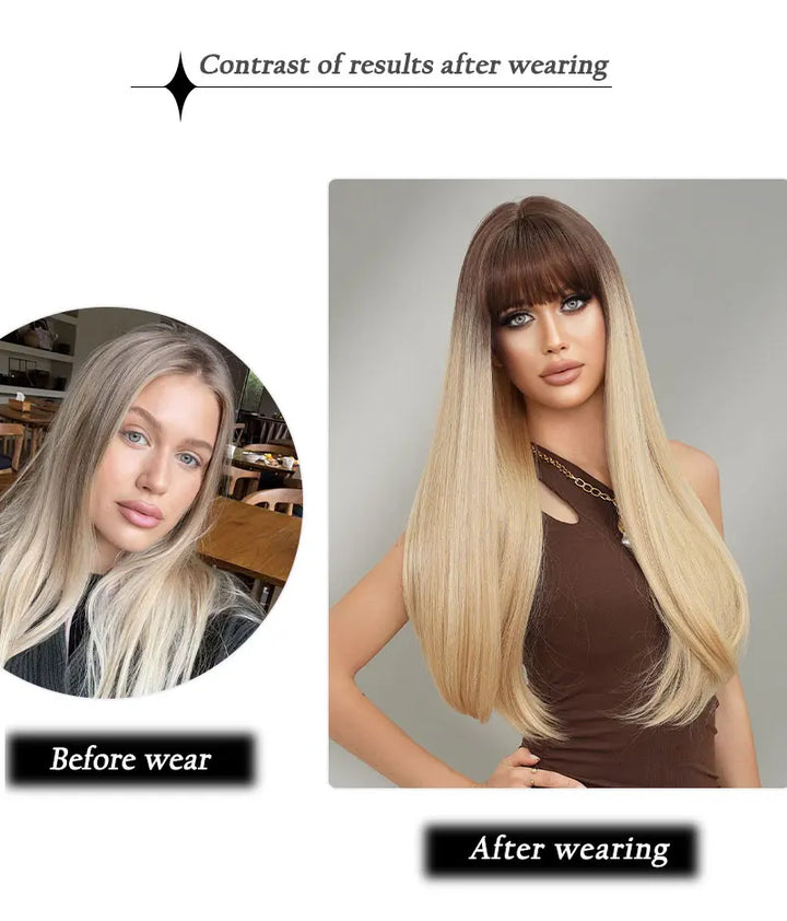 Long Straight Ombre Blonde Synthetic Hair With Bangs for Women Heat Resistant Fiber Wig Hot Selling 28 Inch.