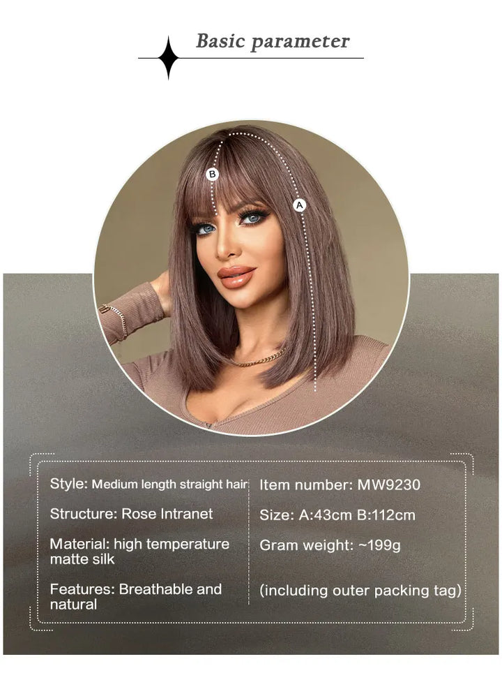 Purple Ombre Shoulder-Length Straight Layered Synthetic Wig with Bangs, 16 Inches. Natural Matte Hair for Women.
