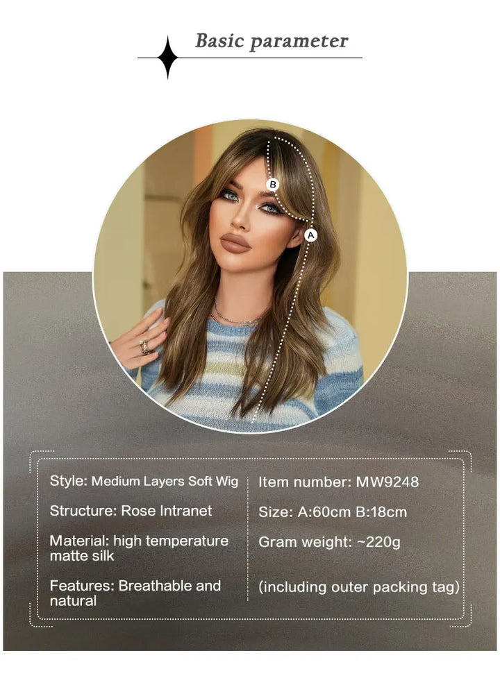16-Inch Highlight Brown Wig with Middle Bangs, High-Temperature Resistant Synthetic Matte Hair, Natural Fashion #