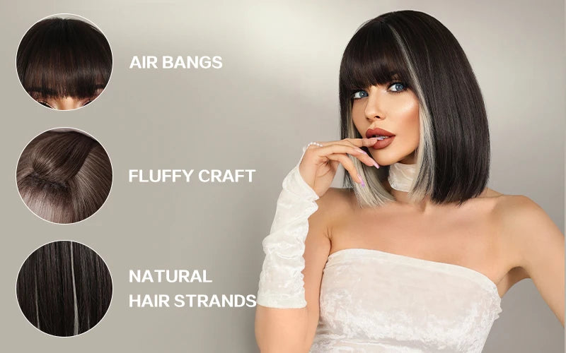Black Bob Wigs with Bangs, Synthetic Straight Bob Wigs for Women, Heat Resistant 12 in Hair