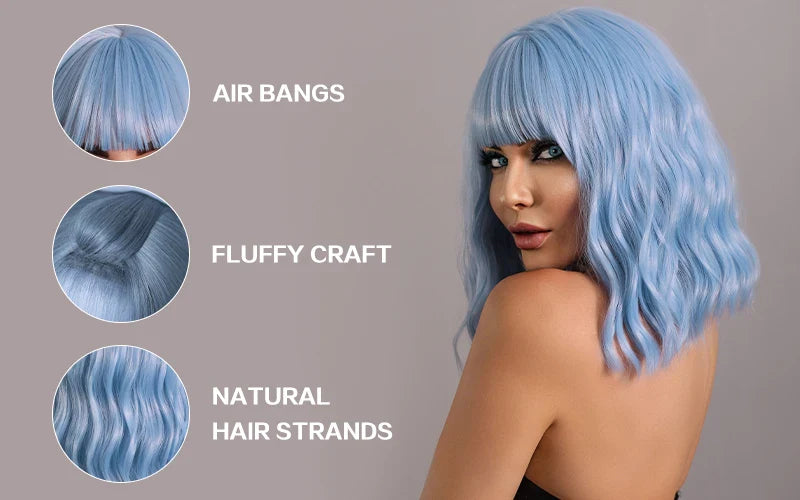Short lavender purple curly bob wig with bangs for women, perfect for Halloween cosplay.