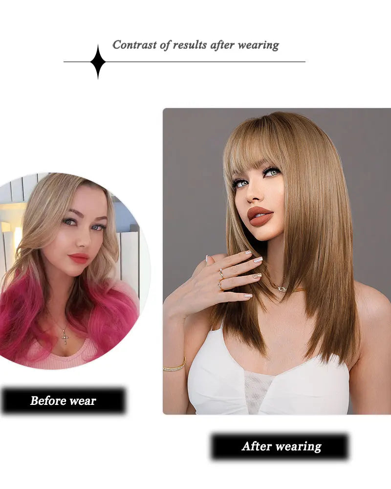 Ombre Blonde Wigs for Women Medium Length Straight Layered Synthetic Wigs With Bangs