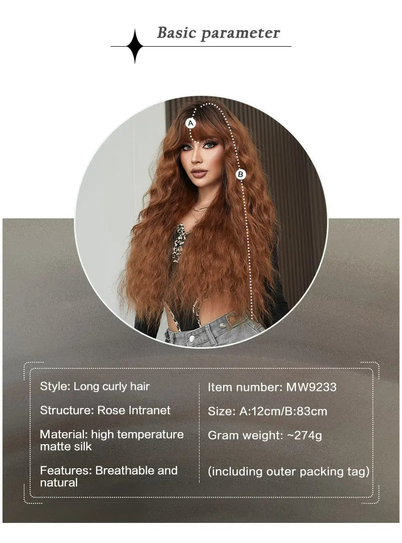 Ombre Brown Water Wavy Wig with Bang for Woman 32 Inch Synthetic Glueless Wig Natural Matte Hair