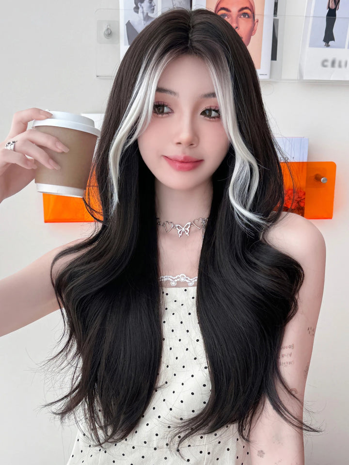 28-inch long highlighted black curly hair with bangs synthetic matte hair wig for women. Heat resistant.