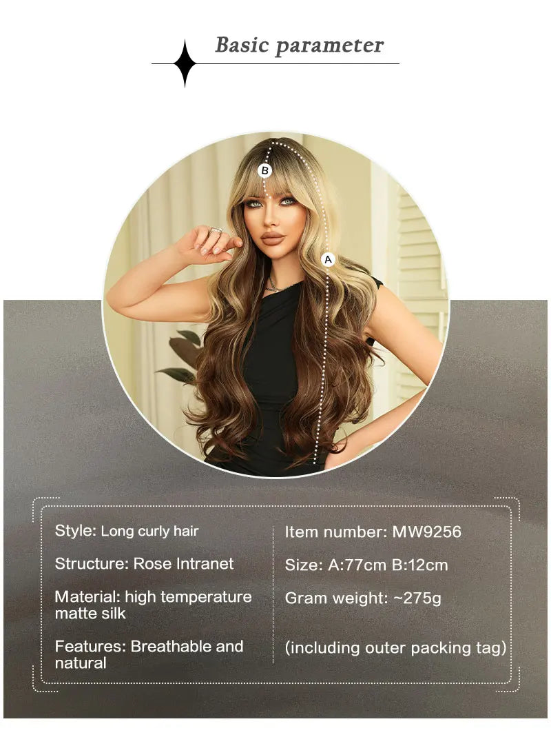 30" Ombre Blonde Curly Synthetic Wig with Bangs for Women. Heat resistant, natural hairline, matte finish. Perfect for cosplay