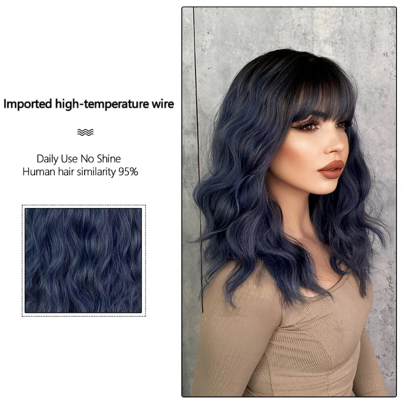 Short curly ombre blue wig with bangs for women. Shoulder-length wavy bob style made of synthetic hair. Perfect for daily wear, cosplay, and Halloween.