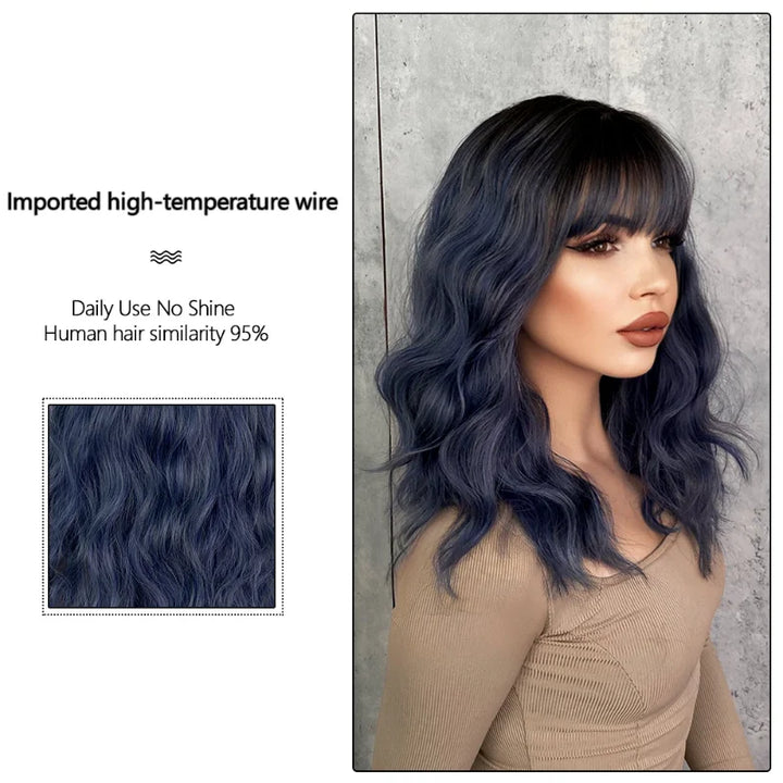 Short curly ombre blue wig with bangs for women. Shoulder-length wavy bob style made of synthetic hair. Perfect for daily wear, cosplay, and Halloween.