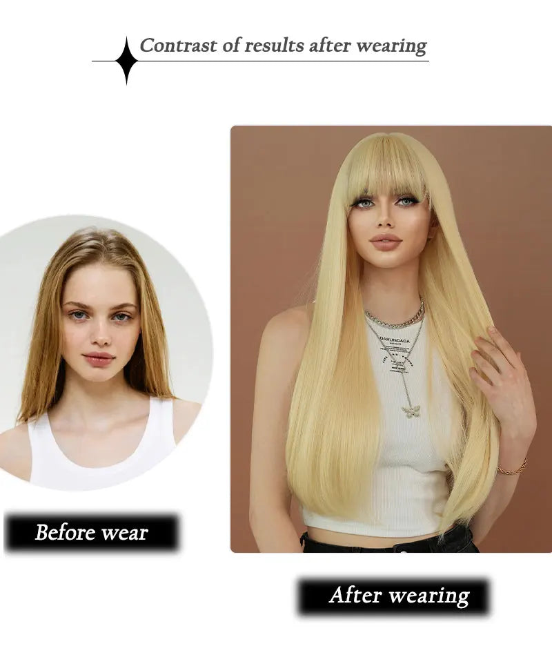 High-quality long straight blonde synthetic hair with bangs for women. Heat-resistant fiber wig, hot selling 28 inches.