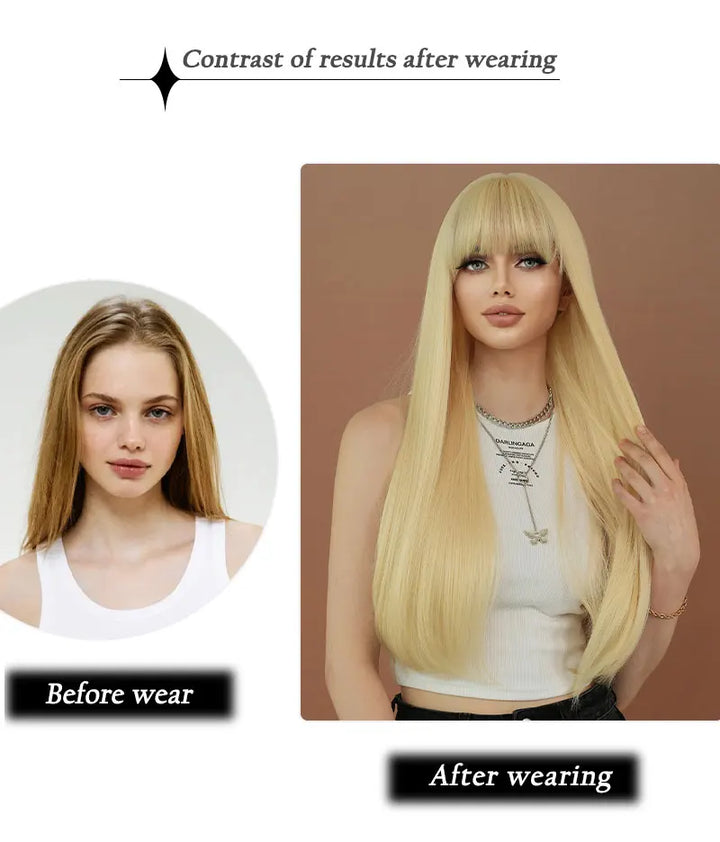 High-quality long straight blonde synthetic hair with bangs for women. Heat-resistant fiber wig, hot selling 28 inches.