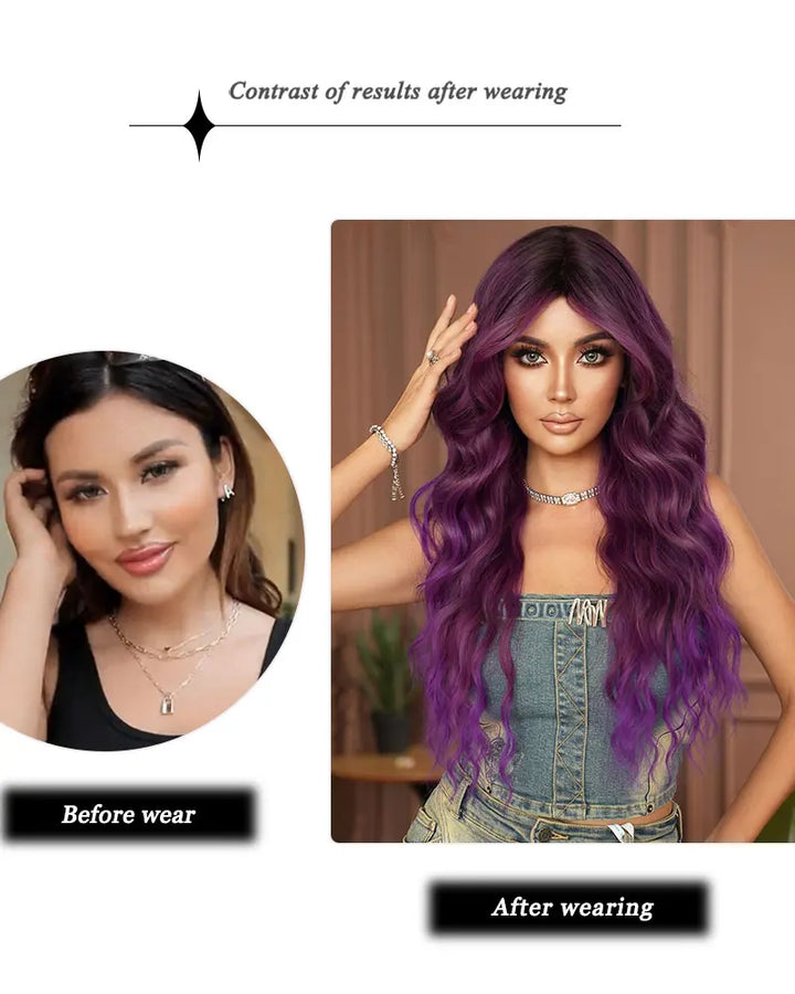 Ombre Purple Synthetic Hair Skunk Stripe Long Wavy Wigs, Heat Resistant Fiber, Wholesale, Natural Matt Wigs, 30 Inch