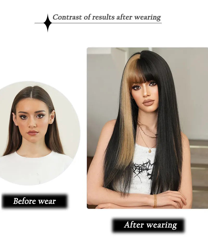 Orange Blonde Long Straight Wig with Bangs Synthetic Cruella De Vil Costume Hair Wig for Women Cosplay Anime Party Halloween.