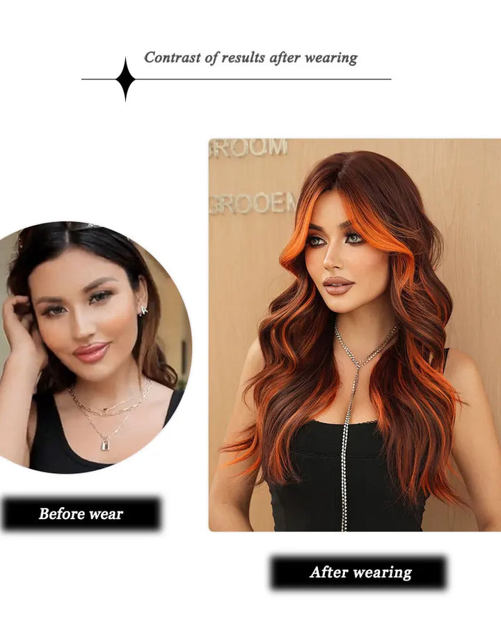 Ginger Orange Wig with Highlights - Synthetic Hair Wig with Brown Skunk Stripe, Long Wavy Style, Heat Resistant Fiber.