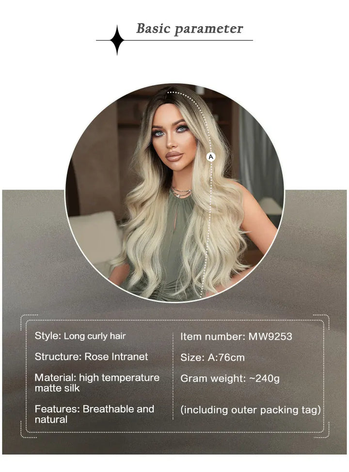 30 Inch Ombre Platinum Blonde Long Curls Synthetic Wig for Women. Heat Resistant with Natural Hair Slit. Matte White Hair Wigs. Peluca