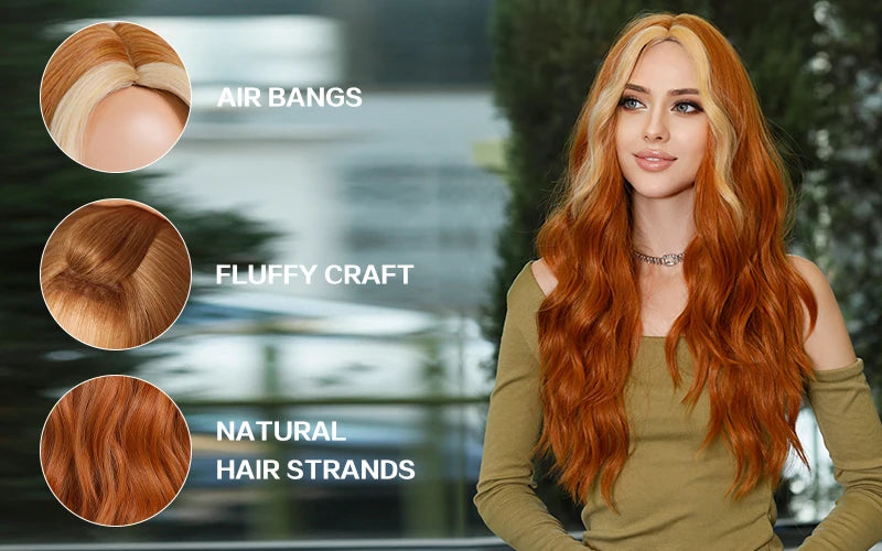 Skunk Water Wave Wig Synthetic Curly Wig for Women Long Deep Wave Wig in Light Brown With Ginger Orange Highlights.