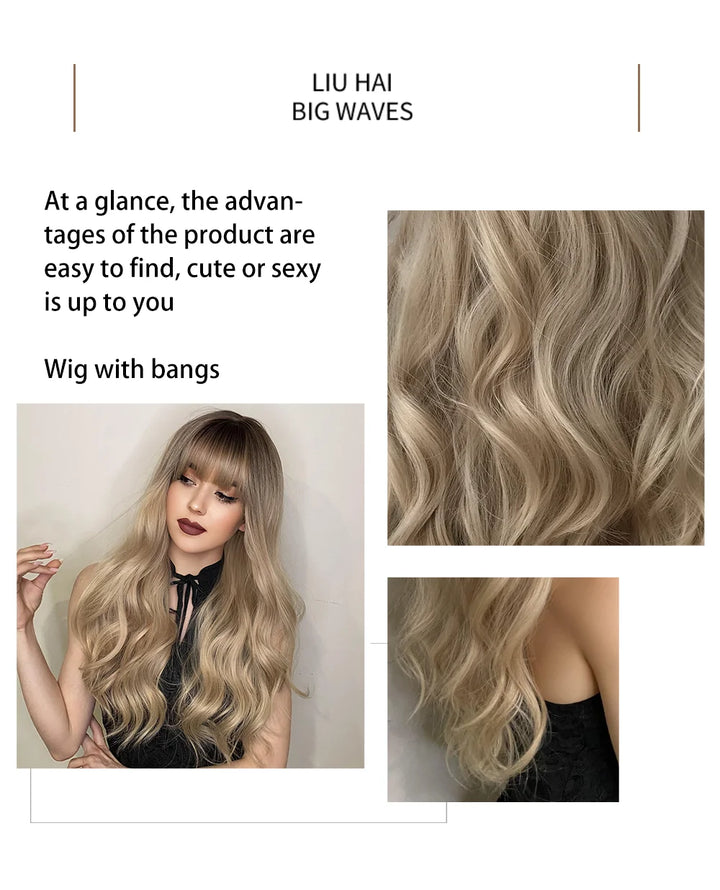 Blonde Ombre Long Wavy Wig with Bangs - Synthetic, Heat Resistant, Perfect for Cosplay