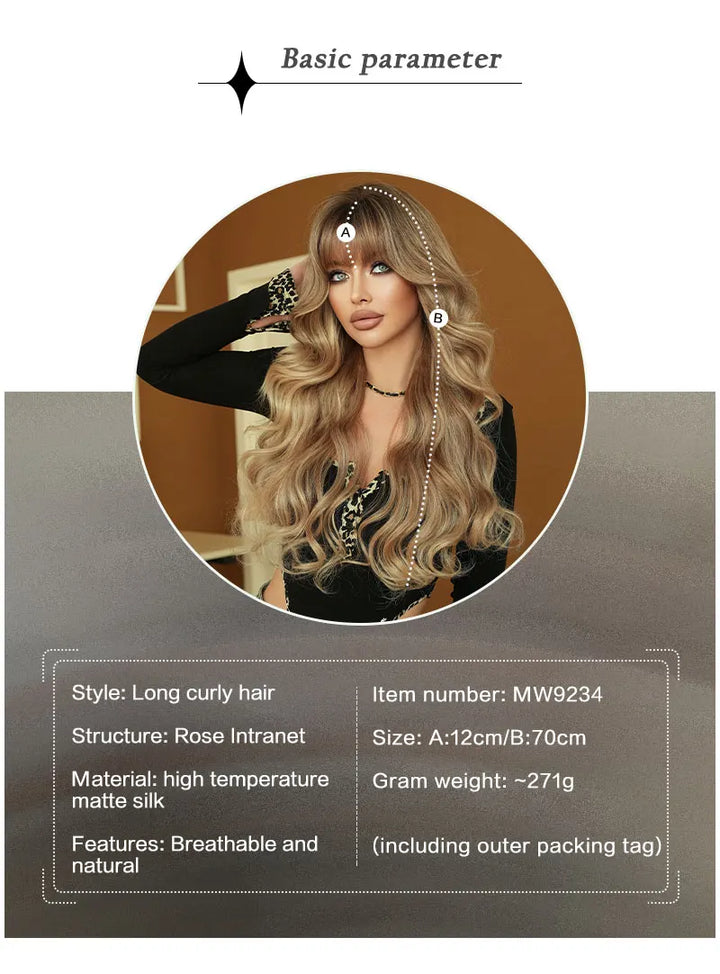 28" Blonde Curly Lace Front Wig with Bangs - Heat Resistant Synthetic Hair for Women