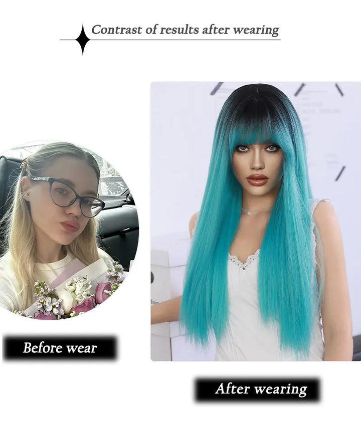 Turquoise Ombre Synthetic Wig with Bangs - Heat Resistant, Bluish Green with Black Roots for a Natural Look.