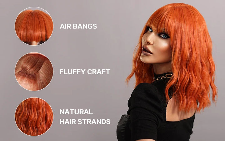 Ginger Orange Wig - Short Curly Wavy Bob Wig for Women with Bangs, Shoulder Length Synthetic Colored Halloween Cosplay Copper Hair.