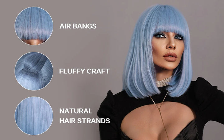 Light Blue Bob Wig with Bangs, Shoulder Length Synthetic Wig for Cosplay Party