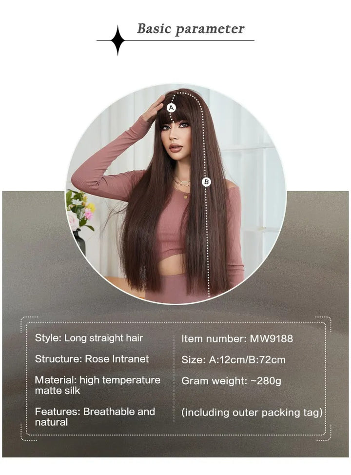 28 Inch Natural Black Wig with Bangs Extra Long Straight Wig for Women. This wig is natural-looking and comes in black-brown synthetic material.