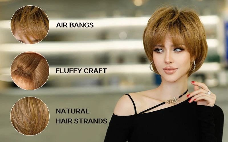 Ombre red pixie cut wig with bangs, cute and natural-looking. Short black and burgundy layered wavy style for women.