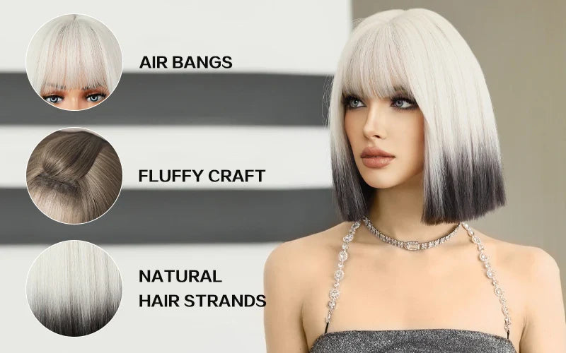 Ombre colored bob wig with bangs, perfect for cosplay or everyday wear.