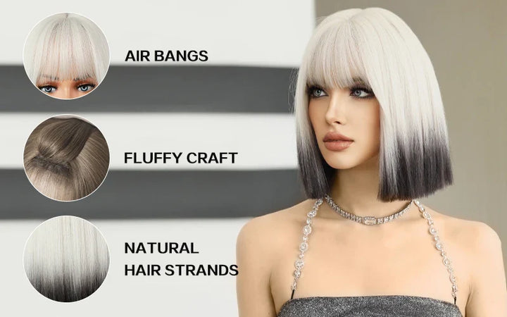 Ombre colored bob wig with bangs, perfect for cosplay or everyday wear.