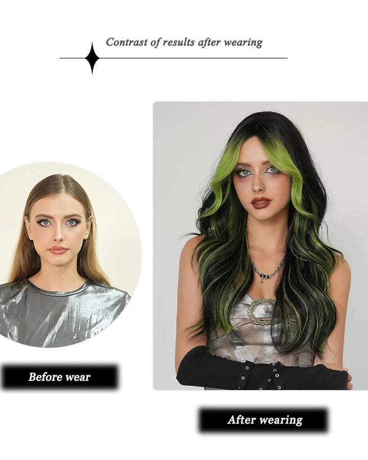 Black Green Synthetic Hair Skunk Stripe Long Wavy Wig, 26 Inch, Heat Resistant Fiber, Wholesale, Natural Matt.