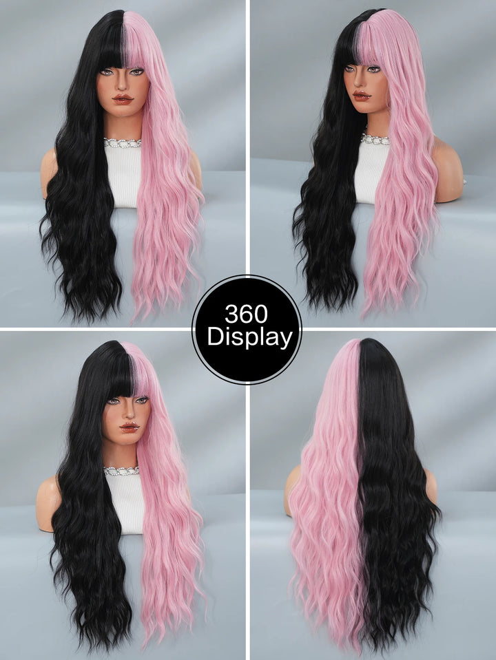 Black Pink Synthetic Hair Skunk Stripe Long Wavy Wigs Heat Resistant Fiber Wholesale Natural Matt Wigs 30 Inch