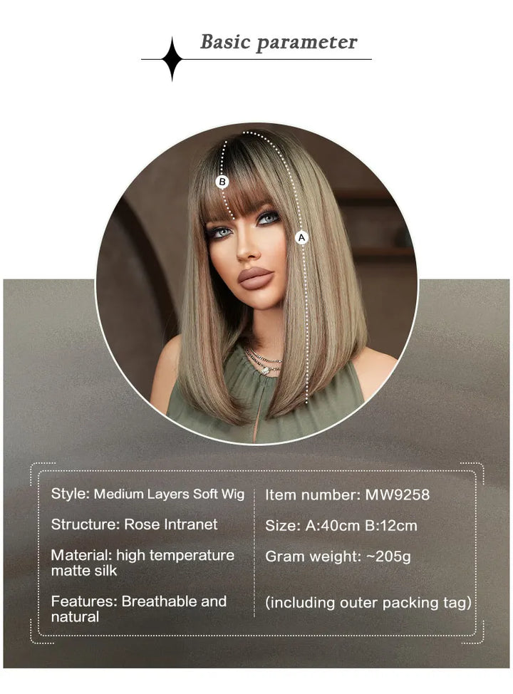 16" Ombre Brown Shoulder Length Straight Synthetic Heat Resistant Wig for Women with Natural Hairline. Matte finish.