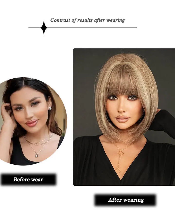 Black Bob Wigs with Bangs, Synthetic Straight Bob Wigs for Women, Heat Resistant 12 in Hair