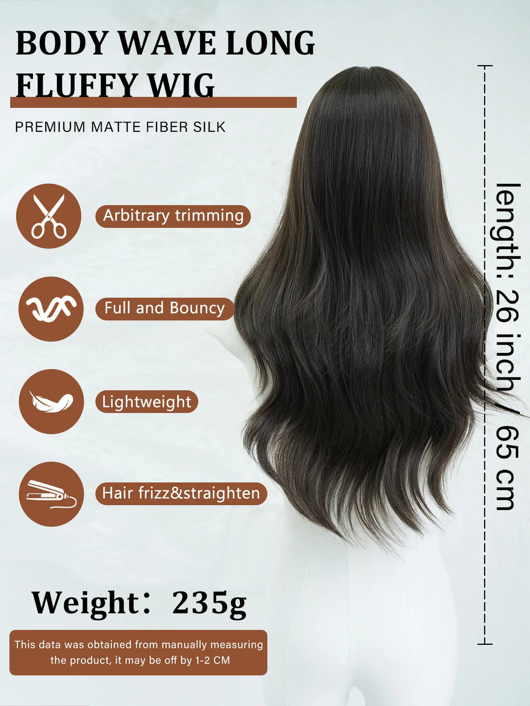 Monotop U Part Lace Long Curly Wig with Bangs for Women, 26 Inches, Heat Resistant Synthetic Brown Wig