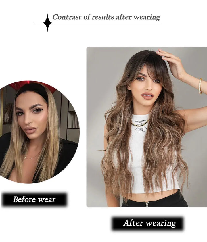 Ombre Brown Long Curly Hair Wig with Bangs for Women - 28 Inches