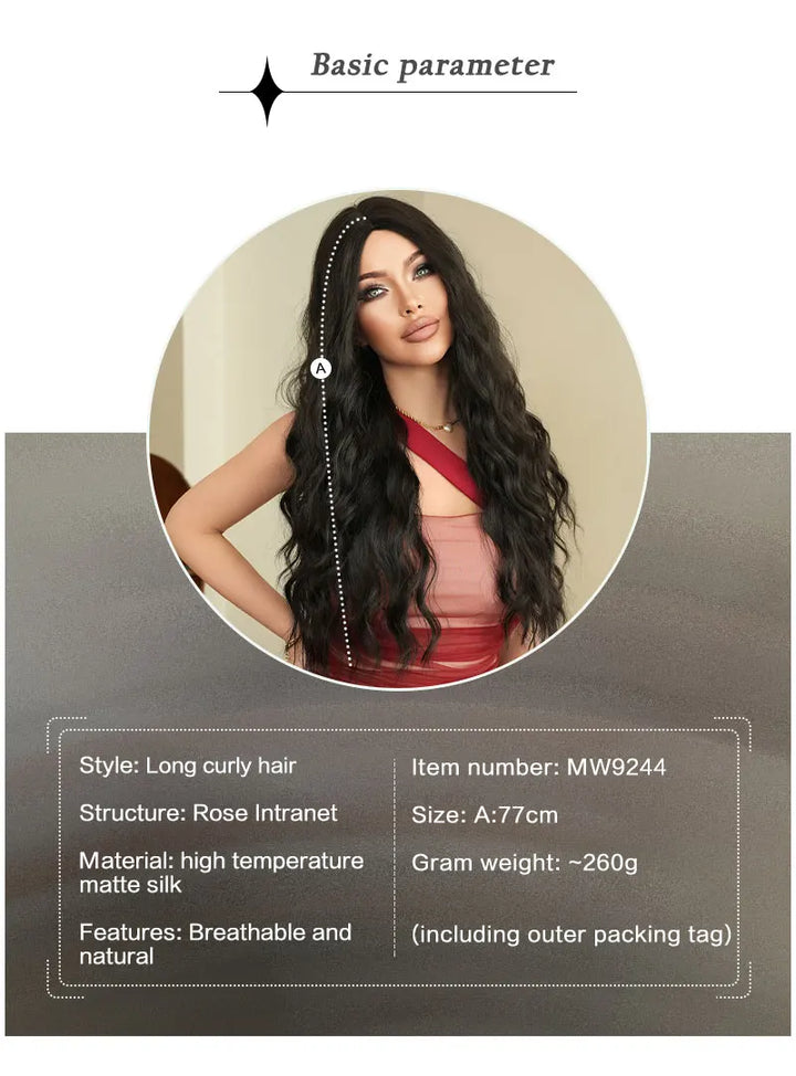 30 Inch Natural Black Long Curls Synthetic Heat Resistant Wig for Women with Middle Part Water Waves Hair. Features a Slit Matte Hair Wigs Peluca.