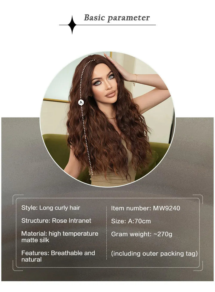 28-inch long curly brown ombre synthetic hair wig with a middle parting, water wave style. Made from heat-resistant fiber for a natural matte finish. Peluca#