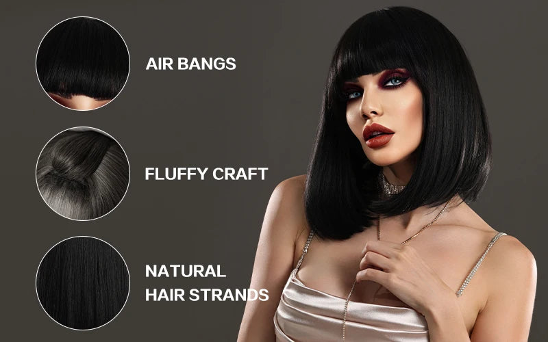 Short Black Bob Wig with Bangs for Women - Shoulder Length Synthetic Wig for Cosplay Party or Cleopatra Costume