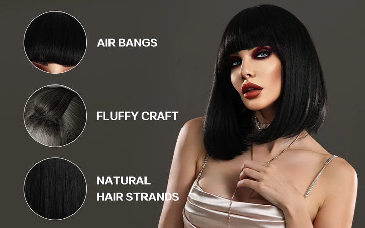 Short Black Bob Wig with Bangs for Women - Shoulder Length Synthetic Wig for Cosplay Party or Cleopatra Costume