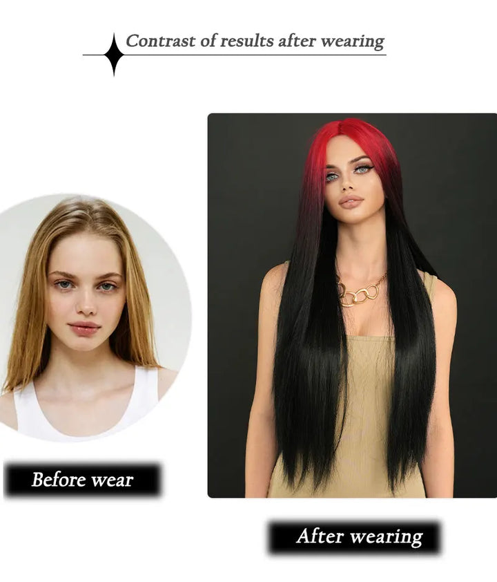 32" Ombre Red Synthetic Hair Wig with Bangs and Middle Part, Billie Eilish Style