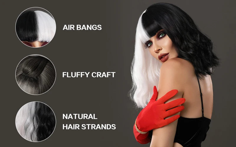 Black and white Cruella Deville wig for women's costume. Short curly wavy synthetic wig for parties and cosplay.