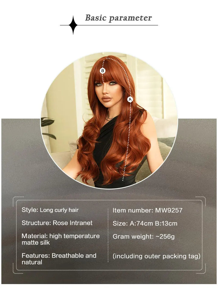 30" Copper Orange Long Curly Synthetic Wig with Bangs for Women. Heat resistant and natural hairline. Perfect for cosplay.