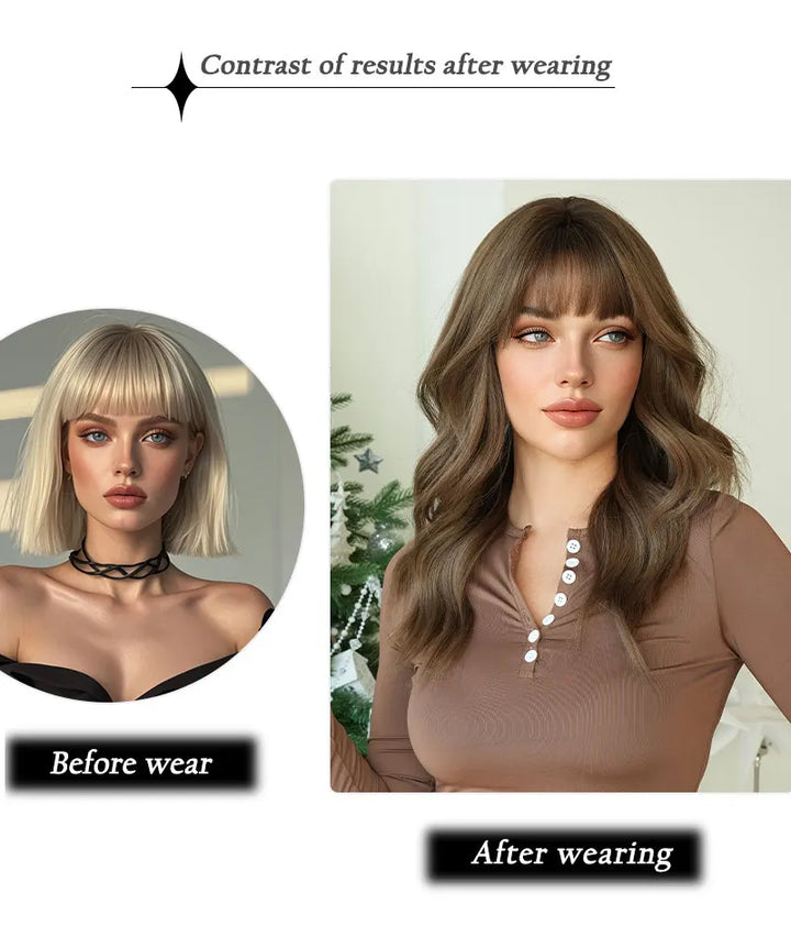 22" Curly Brown Synthetic Hair Wig, Shoulder Length, Water Wavy, Heat Resistant Fiber, Natural Look, Matt Finish.