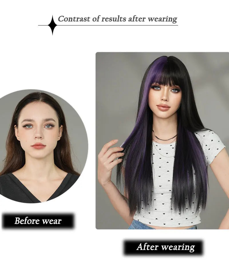 Orange Blonde Long Straight Wig with Bangs Synthetic Cruella De Vil Costume Hair Wig for Women Cosplay Anime Party Halloween.