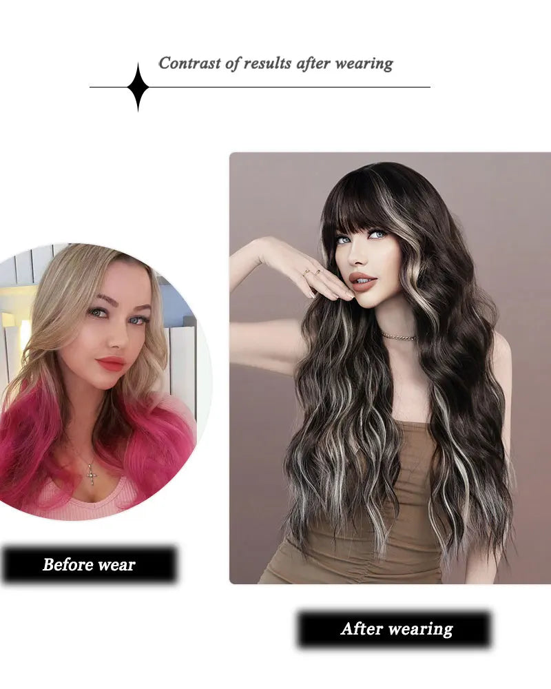 Brown wig with bangs, long wavy style with mixed blonde highlights. Made from natural curly synthetic fiber, resistant to heat. Perfect for daily use by women.