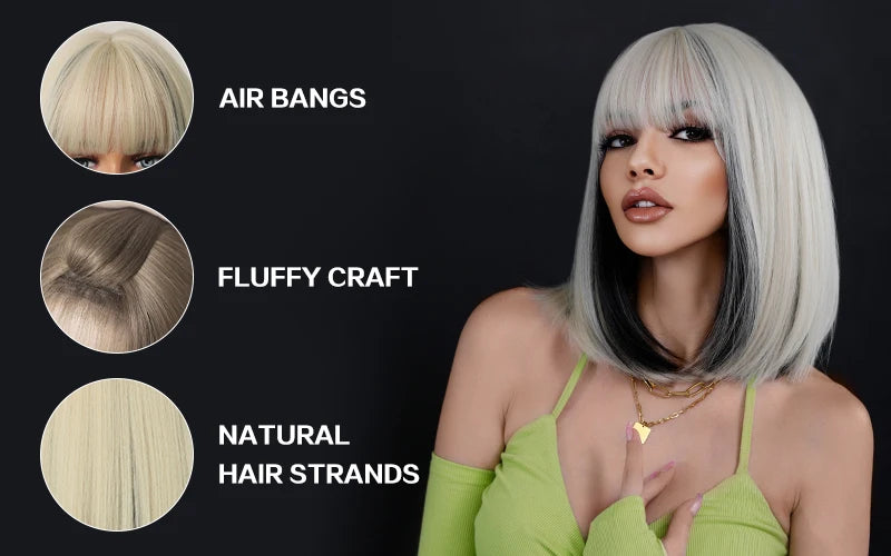 Black Bob Wigs with Bangs, Synthetic Straight Bob Wigs for Women, Heat Resistant 12 in Hair
